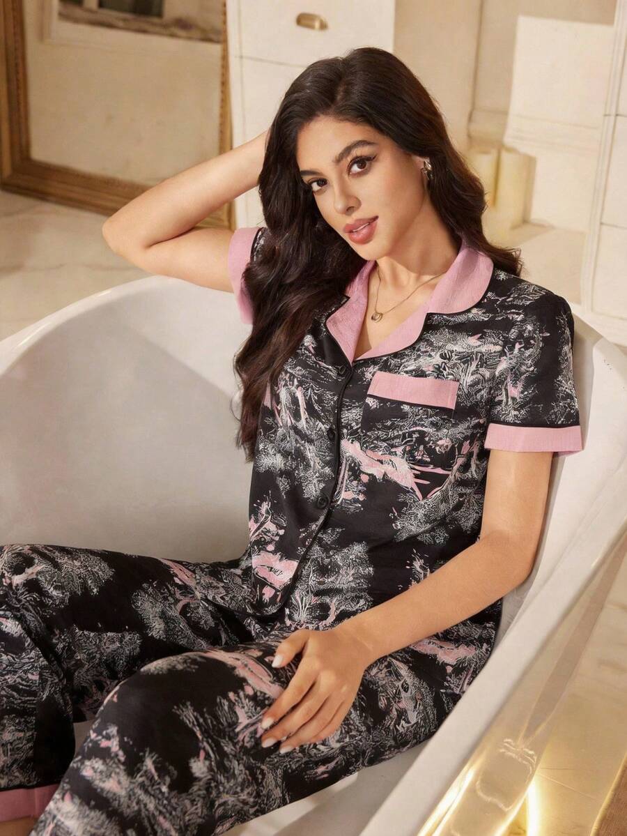 撞色泡泡褶皱印花女士睡衣套装 - 黑色 - 查看 1