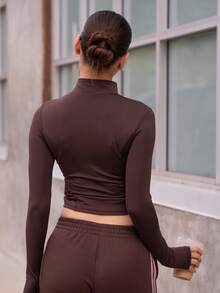 Andrea Bello 女士小立领弹力修身长袖夹克，休闲运动，春秋季 - 咖啡棕 - 查看 2