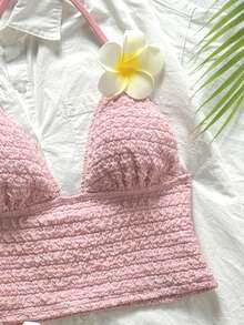 Swim Mod Women's Two Pieces Textured Fabric Casual Bikini Set - Pink - View 4
