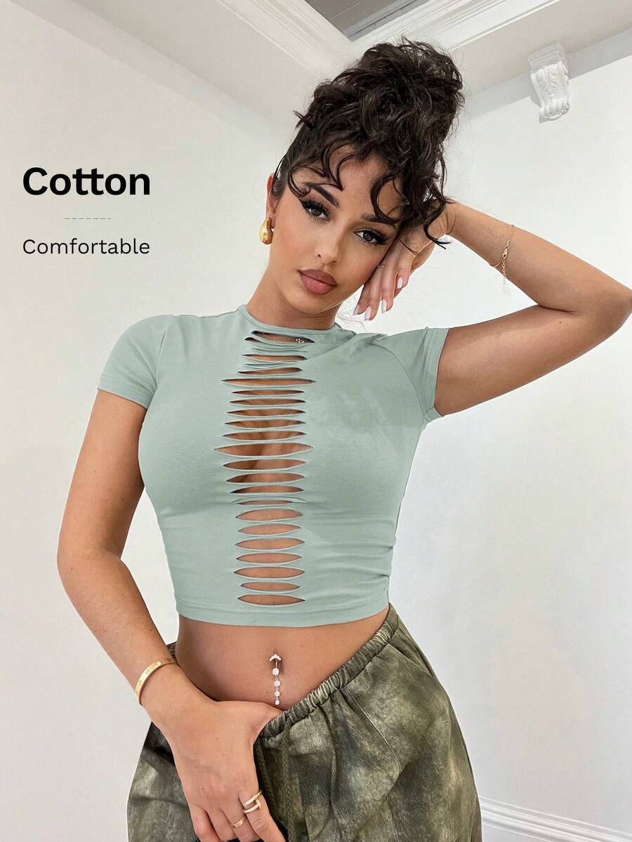 SHEIN BAE Enfärgad, sliten, ihålig grunge-stil, åtsittande kakifärgad topp, lämplig för musikfestivaler, konserter, vardagskläder - Mint Grön - Visa 1