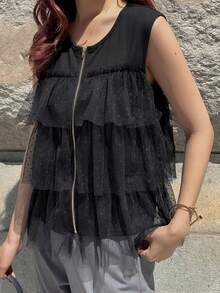 FRIFUL Women's T-Shirt With Zipper, Layered Mesh Design, Loose Casual Versatile Summer, Suitable For Vacation And Music Festivals - Black - View 4