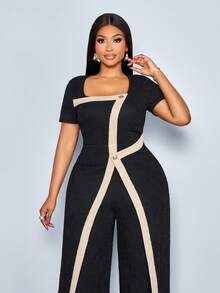 SOLERSUN 大码女装春夏时尚，优雅休闲度假风，短袖方领，收腰阔腿裤，连体裤，黑杏色，撞色滚边，纽扣纹理面料，适合多种场合，日常穿着、购物、约会、商务聚会、办公室、通勤、返校季穿着。 - 黑色 - 查看 2