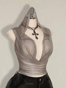 SHEIN ICON Áo croptop lưới bóng bẩy gợi cảm phong cách đường phố Y2K dành cho người có thân hình mũm mĩm - Màu be - Xem 9
