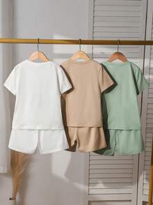 3 sets/6 piezas Conjunto de camiseta de manga corta con estampado de eslogan y pantalones cortos casuales para niños, adecuado para uso diario, vacaciones, deportes, verano - Multicolor - Ver 2