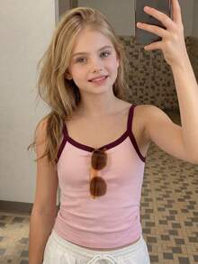 SHEIN Tween Girls Pink All-Match Camisole, Versatile Design Suitable For Daily Outings, Travel, School And More - Pink - View 4