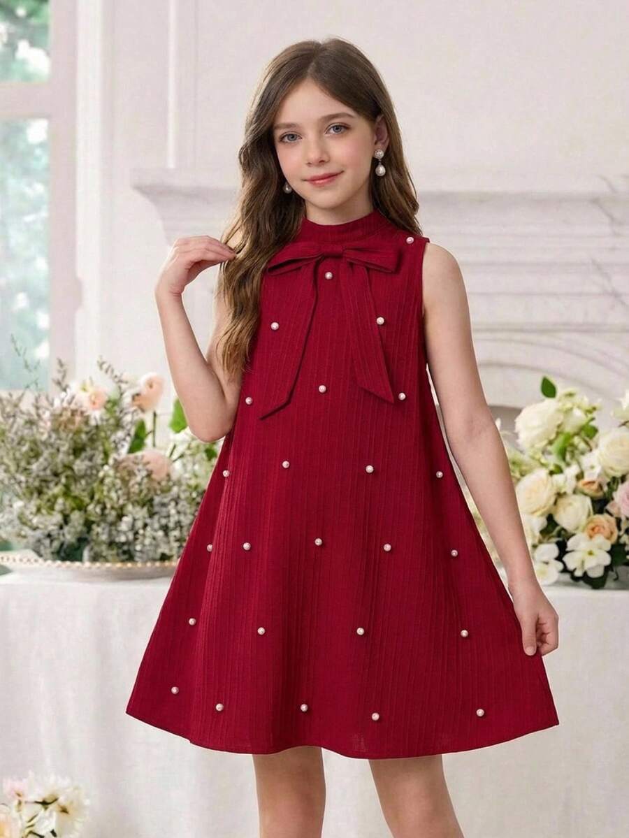 Pitira Đầm dài màu đỏ tía cho bé gái tuổi teen, đính ngọc trai và nơ, không tay, phù hợp cho trang phục thanh lịch của bé gái, đi học, dự tiệc sinh nhật, các dịp trang trọng, đám cưới, lễ rửa tội, lễ khai trương, đi học, du lịch, Halloween, dạ hội, hòa nhạc, Giáng sinh, năm mới, bé gái dự tiệc cưới - Màu Đỏ Sâu - Xem 1