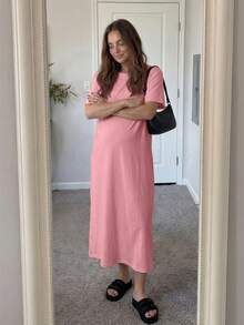 Slowluna Pregnant Women Solid Color Round Neck Short Sleeve Casual Dress - Pink - View 3