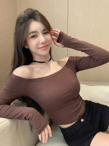 DAZY 女款單肩緊身露肩上衣 - 棕色 - 查看 4