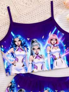 SHEIN 2件套少女时尚K-POP女团字母星星印花套装，彩色卡通人物印花，扎染工艺，韩流粉丝礼物，男女童装，吊带背心和短裤夏季套装 - 彩色 - 查看 3