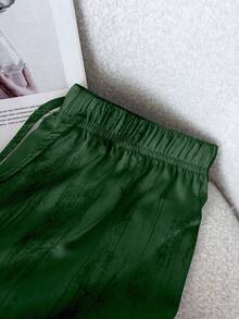 SHEIN LUNE Women's Casual Vacation Ink Painting Chiffon Satin Pants, Wide Leg Trousers - Dark Green - View 6