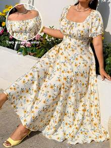 GalTyme 大码女式碎花露肩花瓣袖优雅连衣裙 - 黃色 - 查看 6