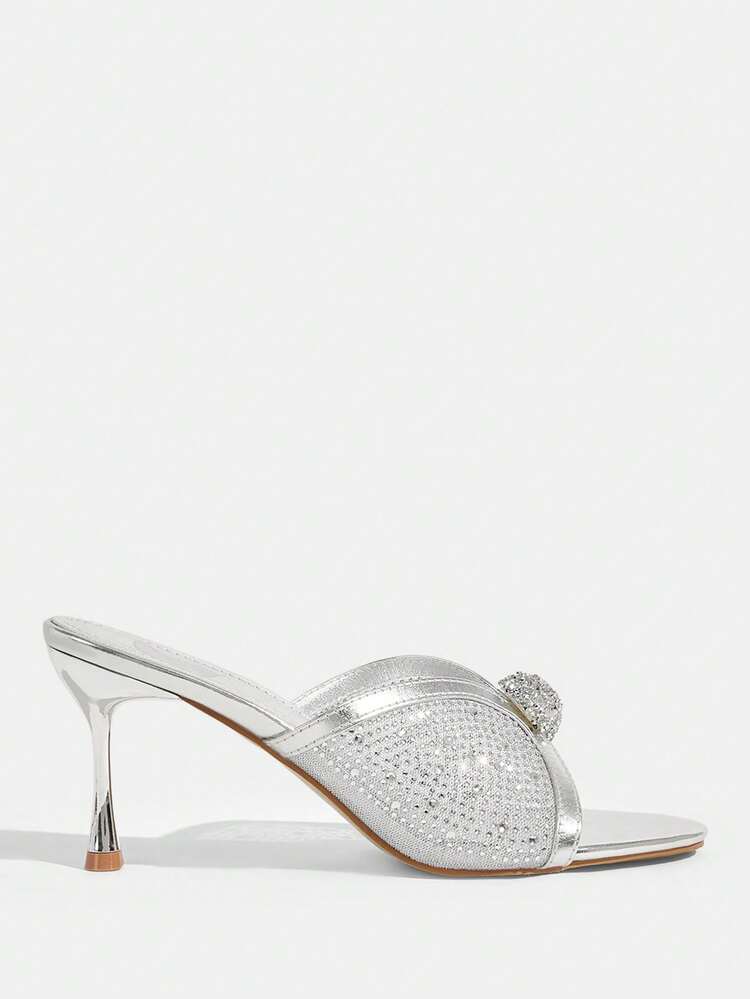CUCCOO TILAWA Women Shoes Round Toe Slender Heel Silver Mesh Full Diamond Slip-On Open Toe Women's High Heel Sandals Slippers With Skirts Fashion Gorgeous Banquet Party Women's Sandals Women's Shoes