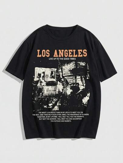 ROMWE MEN Street Life Áo thun ngắn tay cổ tròn in họa tiết phong cách đường phố, thích hợp cho mùa xuân/hè.