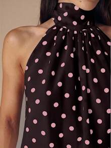 SHEIN BAE Black & White Polka Dot Backless Halter Neck Sexy Crop Top, Suitable For Music Festivals, Vacations,Summer Top - Chocolate Brown - View 6