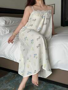 Dazy Plus Casual Floral Print Patchwork Trim Camisole Plus Size Women Spring/Summer Nightgown Pajamas - Apricot - View 2