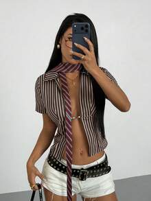StreetHx Women's Fashionable Multi-Color Striped Long Sleeve Shirt - Rust Brown - View 6