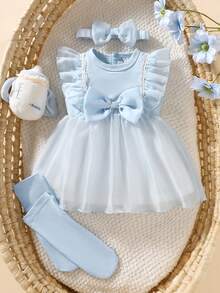 SHEIN Summer New Born Baby Fashionable Princess Bodysuit Dress, Cute Infant Girl Outfit Christening Outfit For Baby Girl Ootd For Baby Girl 0 To 12months Baby Baptism Dress Newborn Baby Girl Dresses Photoshoot Outfit For Baby - Baby Blue - View 3