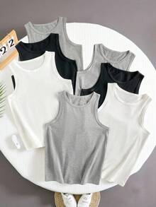 Conjunto de 7 piezas de camisetas sin mangas de punto acanalado de unicolor para niño preadolescente, básicos versátiles y cómodos para usar por capas, adecuados para todas las estaciones, conjunto de camisetas de tirantes para niño preadolescente de vuelta al colegio - Multicolor - Ver 3