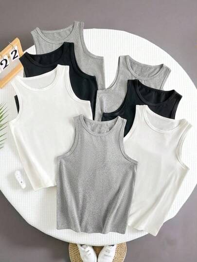 7pcs Boys Fitted Ribbed Knit Solid Color Sleeveless Undershirt, Versatile & Comfortable Layering Basics, Suitable For All Seasons Boys Tank Top Set Backto SchoolFashion Fall Winter