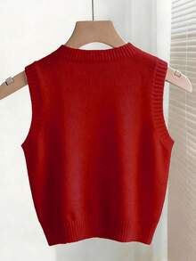 SHEIN LUNE 2025春夏新款叠层设计复古印花V领女士针织背心 - 紅色 - 查看 2