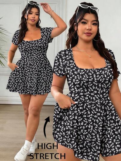 Solflare Casual Minimalist Romantic Floral Print Plus Size Women Short Sleeve Jumpsuit, Suitable For Summer