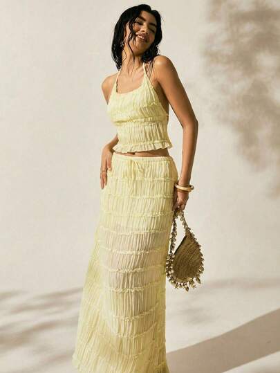 Easelle Yellow Chiffon Halter Backless Tank Top & Skirt 2 Pieces Set For Women Yellow Summer Festival Beach Outfits For Women Wedding Guest For Women Vacation Holiday