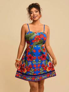 Travachic Plus Size Women's Blue Boho Summer Vacation Holiday Spaghetti Strap Hollow Tropical Floral Print Cropped Elegant Dress,Suitable For Beach Holiday - Multicolor - View 13