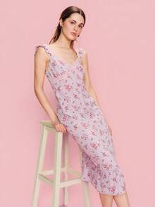 lacRébo Lilac Check And Rose Print Midi Dress With Pink Lace Trim, Romantic French Style Spring,Summer Dress - Mauve Purple - View 6