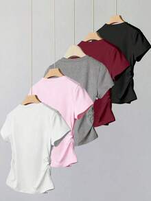 Young Girl 5-Piece Set,Casual Minimalist Ruffle Sleeve Crew Neck Solid Color Short Sleeve T-Shirt,White,Pink,Summer,School,Back-To-School,Spring Vibes - Multicolor - View 2