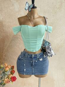 Soleia Áo nữ kiểu dáng thường ngày, màu trơn, hở vai, thắt dây chéo phía sau, xếp ly, thích hợp cho kỳ nghỉ. - Màu xanh nhạt - Xem 3