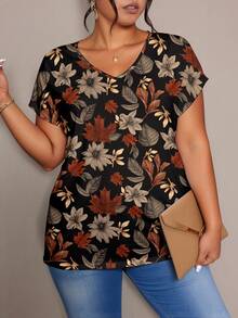 大码女式夏季碎花V领蝙蝠袖上衣，舒适休闲度假衬衫，植物印花，大码T恤 - 彩色 - 查看 6