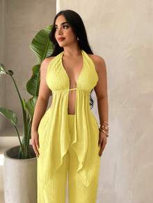 SHEIN SXY 沙滩度假纯色纹理露背吊带背心和裤子套装 - 黃色 - 查看 7