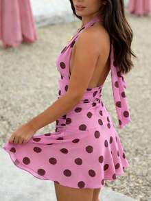 Cévolie Women's Deep V-Neck Sexy Halter Polka Dot Mini Dress, Vacation Style - Pink - View 2