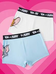 TOM & JERRY X SHEIN 2条/套 女士字母卡通印花休闲日常三角裤 - 藍白色 - 查看 2