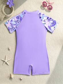 SHEIN 少女碎花连体泳衣，适合游泳、夏季度假和海滩穿着 - 紫色 - 查看 3