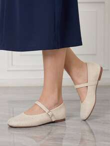 Sleekvia Women's Wanita Vintage Beludru Perancis Temperam Lembut Elegan Berlian Air Sepatu Mary Jane Wanita Satu Kata Button Sepatu Sole Flat - Off-white - View 5
