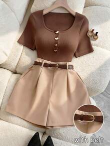 Franclia Women's Sexy Fitted Round Neck Button T-Shirt And Wide Leg Shorts 2 Pieces Set, Casual For Holiday And Travel - Brown - View 1