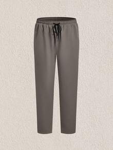 Men's Solid Color Drawstring Waist Straight Leg Casual Pants, Versatile, Fall , Suitable For Summer Tropical Holiday Vacation In Hawaii. - Grey - View 3