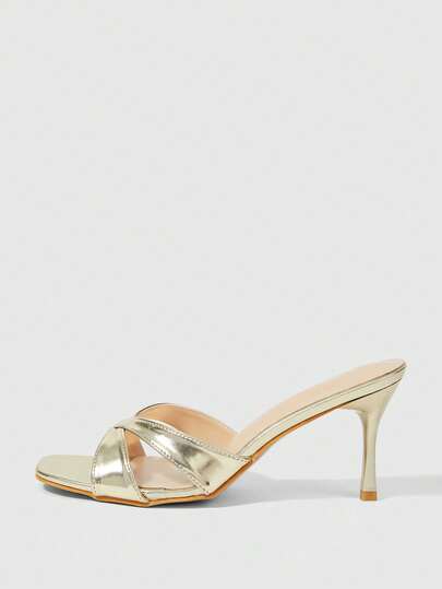Sleekvia Women Shoes Women's Fashion Square Toe Gold Simple Open-Toed Women's High-Heeled Sandals Daily Commuter Elegant Party With Skirts Stiletto High-Heeled Sandals Slippers Summer Shoes