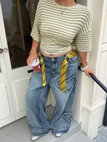 Muchica 大码女式条纹圆领落肩休闲T恤 - 彩色 - 查看 6