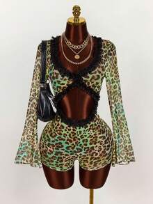 Amplova 复古豹纹透视低胸性感连体裤 - 彩色 - 查看 4