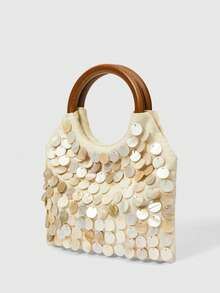 MUSERA Snäckskal Utsmyckad Kanvas Trähandtag Liten Handväska Vår Sommar Strand Bad Festival Semester Söt Dagligen - råvit - Visa 4