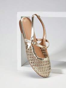 SHUZIA Ladies Elegant Crochet Woven PU Mary Jane Slingback Mules - Gold - View 4