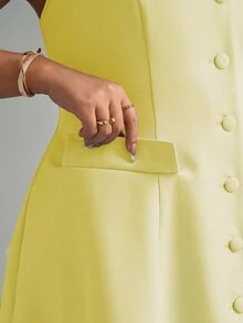 Elenzga Bộ váy áo cardigan cổ vuông màu xanh dương thanh lịch dành cho nữ, có túi giả, cỡ lớn. - Màu vàng - Xem 5