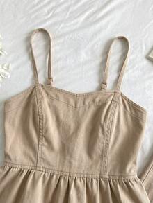 SHEIN Comfortcana Bộ đồ nữ gồm áo hai dây, viền bèo nhún và quần jean, thích hợp cho mùa hè. - Màu Khaki - Xem 5