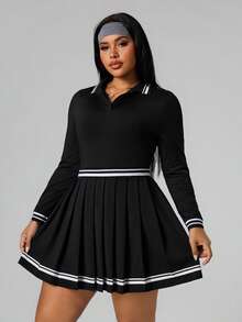 Rhythm Era Đầm polo cổ bẻ kẻ sọc tương phản cỡ lớn, kiểu dáng thường ngày. - Đen và trắng - Xem 4