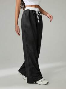 SHEIN Tall Women's Casual Loose Checked Wide Leg Pants - Black - View 4