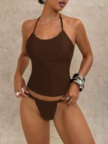 Swim Glamine Conjunto de traje de baño de verano para mujer con parte superior tipo tankini de unicolor con cuello halter y Bottom tipo tankini triangular - Marrón - Ver 3