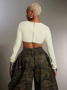 Denimoi Áo crop top tay dài có gọng gợi cảm thời trang dạo phố đi câu lạc bộ GNO Concert - trắng - Xem 5