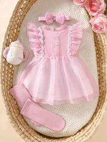 SHEIN 新生儿夏季蝴蝶结装饰网纱拼接连衣裙，时尚婴儿百日庆典公主连体衣，可爱女婴连体衣 - 粉色 - 查看 2